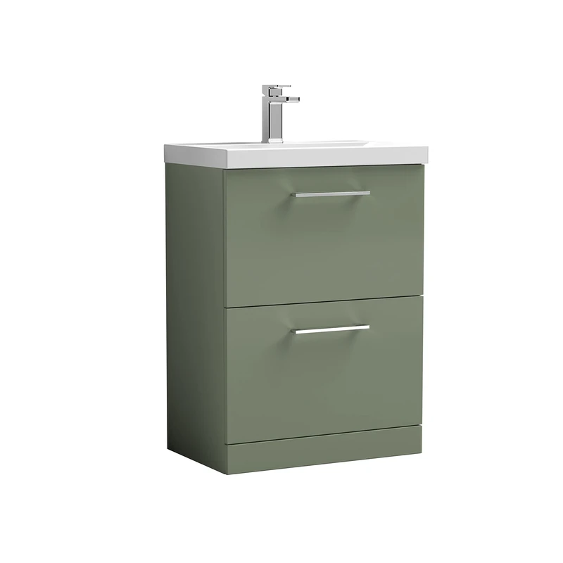 nuie ARN833A Arno Modern Bathroom Floor Standing 2 Drawer Vanity Unit with Mid-Edge Ceramic Basin, 600mm, Satin Green - Image 1