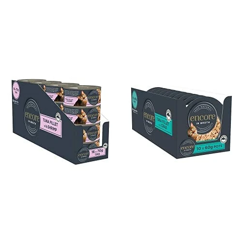 Encore 100% Natural Cat Food Tin 1x(16x70g) Tuna and Shrimp,Pack of 16 and Encore 100% Natural Cat Food Pot 1x(10x60g) Succulent Tuna with Pacific Crab, Pack of 10