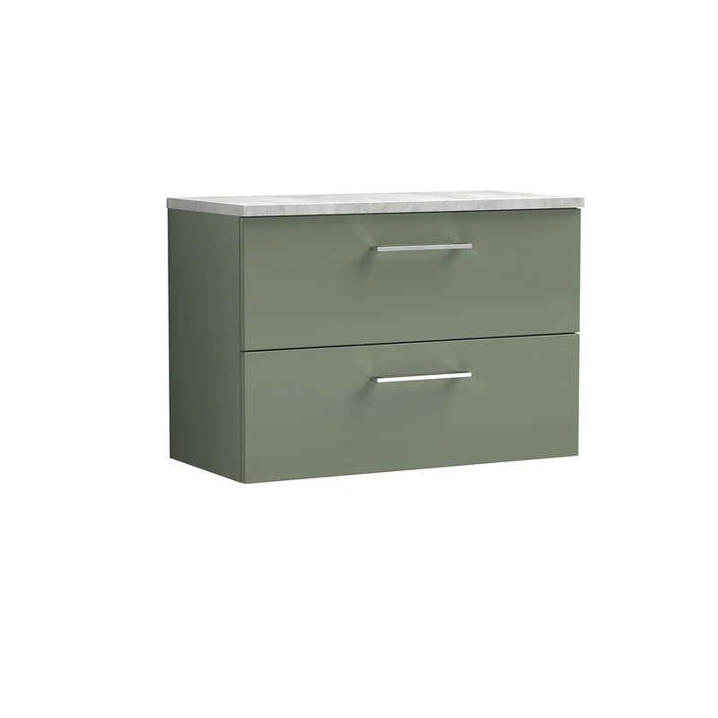 nuie ARN826LBG Arno Modern Bathroom Wall Hung 2 Drawer Vanity Unit with Laminate Worktop, Satin Green