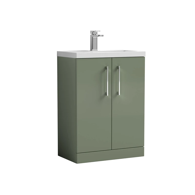 nuie PAL119 Arno Compact Modern Bathroom Floor Standing Slimline 2 Door Vanity Unit and Polymarble Basin, Satin Green