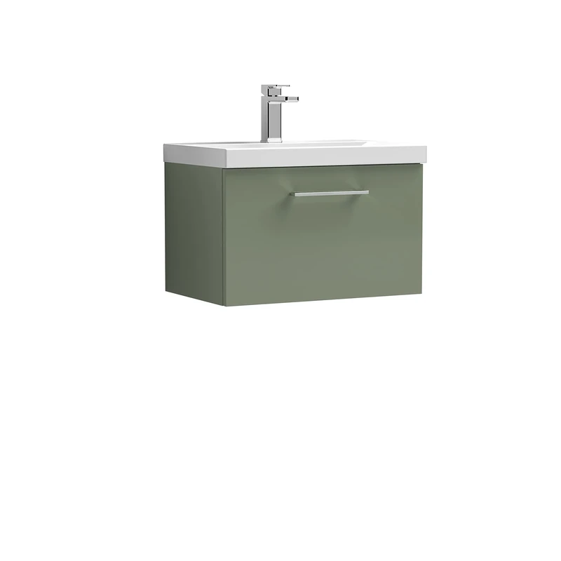 nuie ARN822D Arno Modern Bathroom Wall Hung 1 Drawer Vanity Unit with Thin-Edge Ceramic Basin, Satin Green