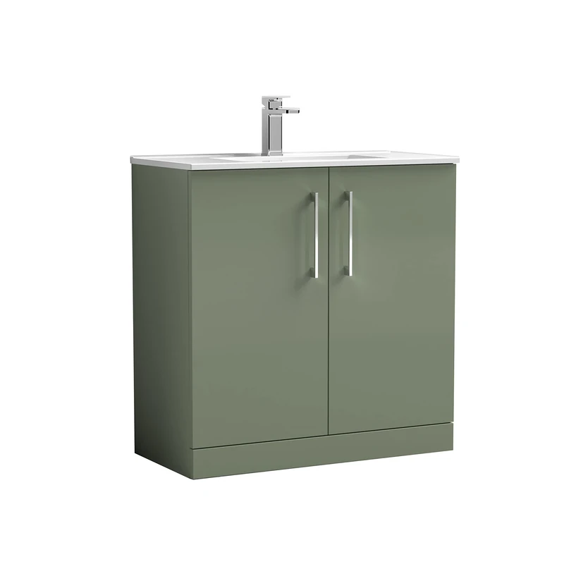 nuie ARN805B Arno Modern Bathroom Floor Standing 2 Door Vanity Unit with Minimalist Ceramic Basin, Satin Green