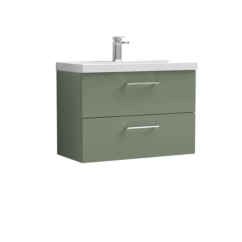 nuie ARN826D Arno Modern Bathroom Wall Hung 2 Drawer Vanity Unit with Thin-Edge Ceramic Basin, Satin Green