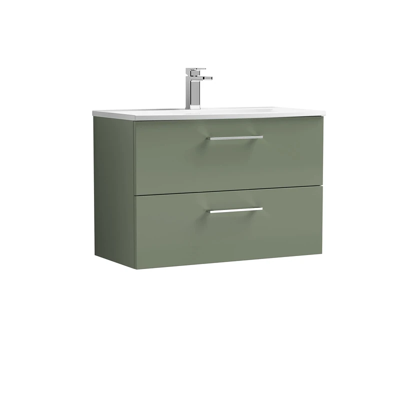 nuie ARN826G Arno Modern Bathroom Wall Hung 2 Drawer Vanity Unit with Curved Ceramic Basin, Satin Green