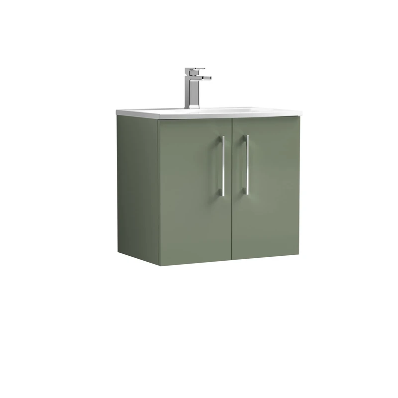 nuie ARN823G Arno Modern Bathroom Wall Hung 2 Door Vanity Unit with Curved Ceramic Basin, Satin Green