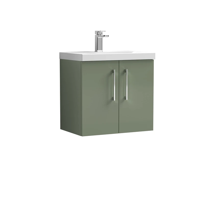 nuie ARN823A Arno Modern Bathroom Wall Hung 2 Door Vanity Unit with Mid-Edge Ceramic Basin, 600mm, Satin Green