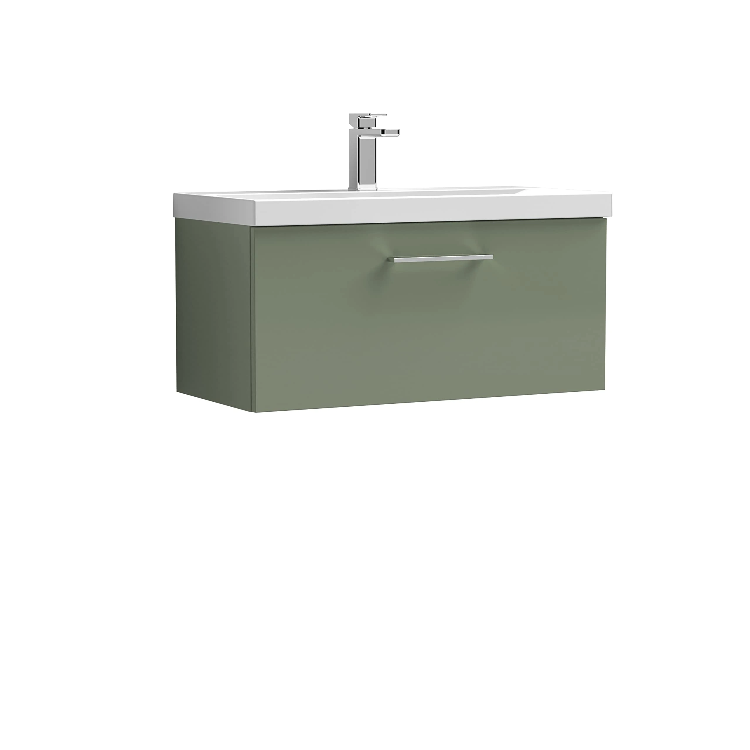nuie ARN825A Arno Modern Bathroom Wall Hung 1 Drawer Vanity Unit with Mid-Edge Ceramic Basin, Satin Green