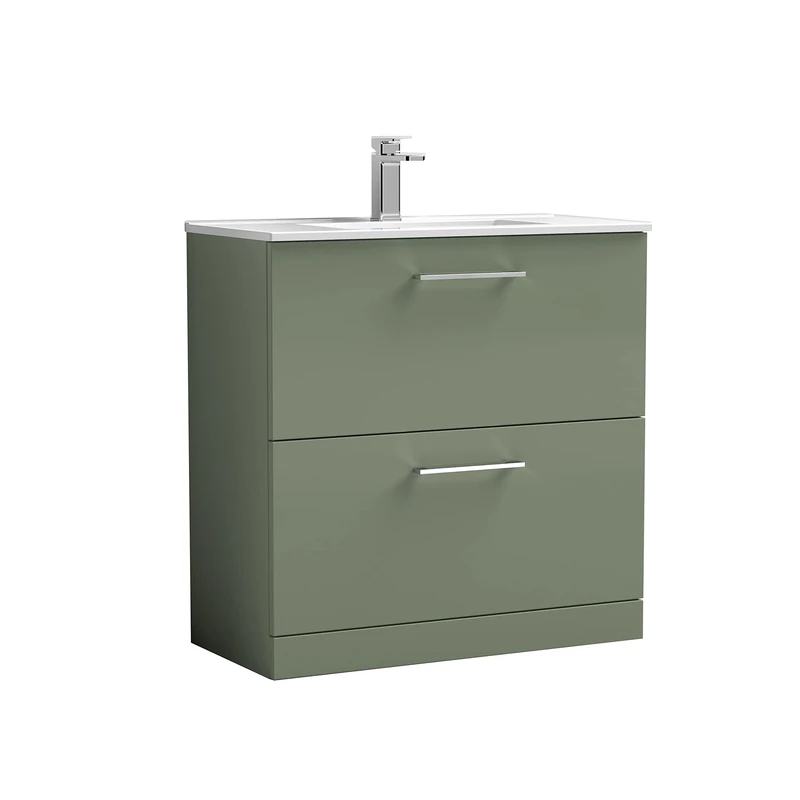 nuie ARN835B Arno Modern Bathroom Floor Standing 2 Drawer Vanity Unit with Minimalist Ceramic Basin, Satin Green