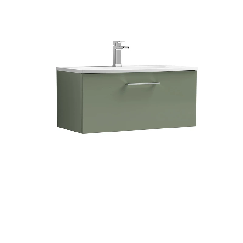 nuie ARN825G Arno Modern Bathroom Wall Hung 1 Drawer Vanity Unit with Curved Ceramic Basin, Satin Green