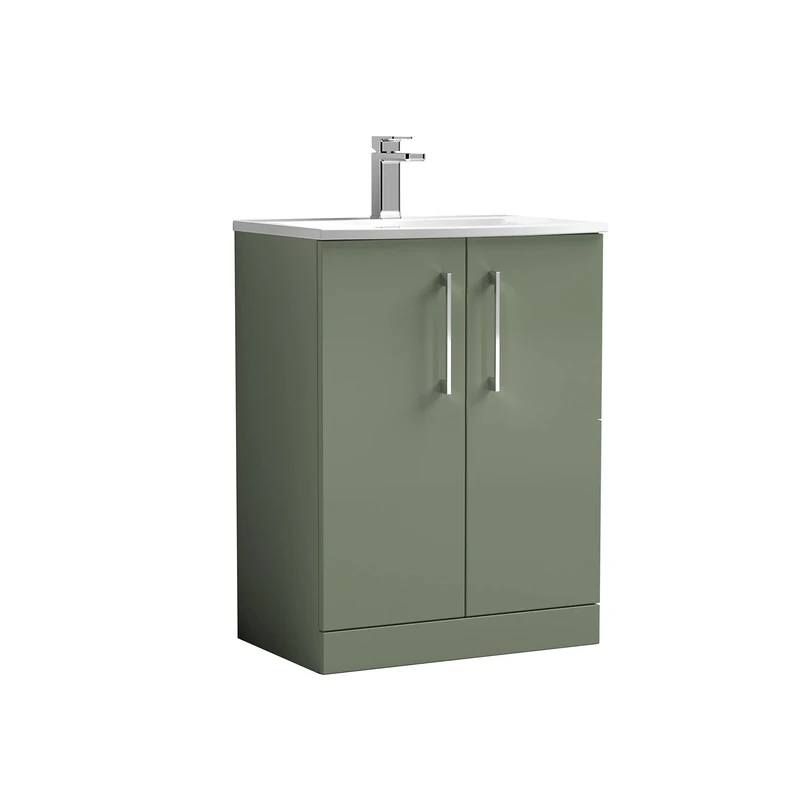 nuie ARN803G Arno Modern Bathroom Floor Standing 2 Door Vanity Unit with Curved Ceramic Basin, Satin Green