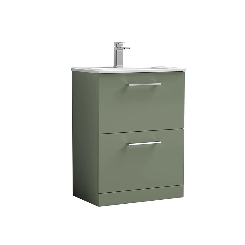 nuie ARN833B Arno Modern Bathroom Floor Standing 2 Drawer Vanity Unit with Minimalist Ceramic Basin, Satin Green
