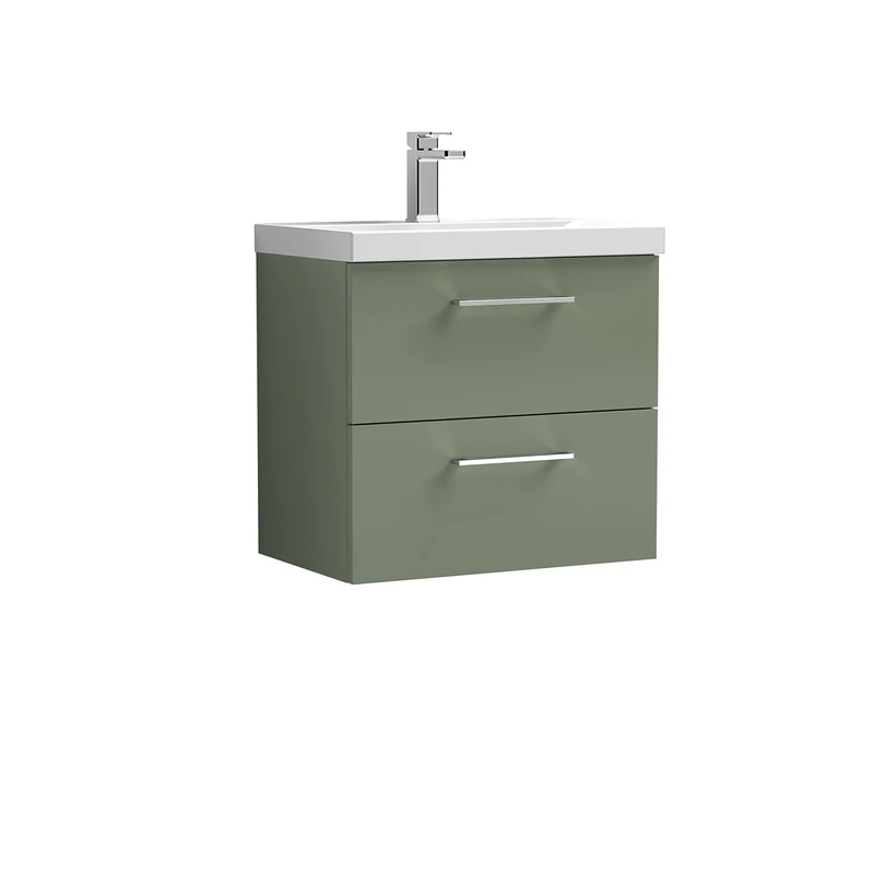 nuie ARN824A Arno Modern Bathroom Wall Hung 2 Drawer Vanity Unit with Mid-Edge Ceramic Basin, Satin Green