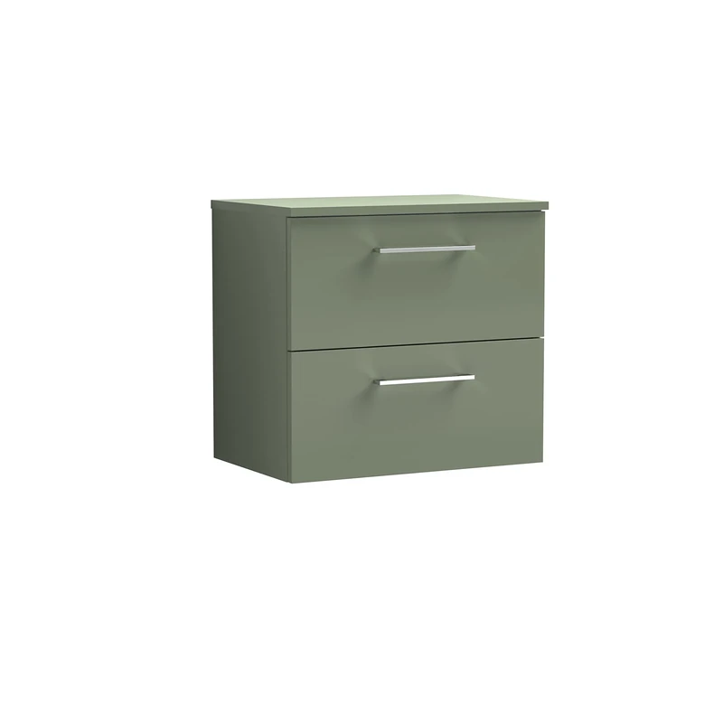 nuie ARN824W Arno Modern Bathroom Wall Hung 2 Drawer Vanity Unit with Colour Worktop, Satin Green