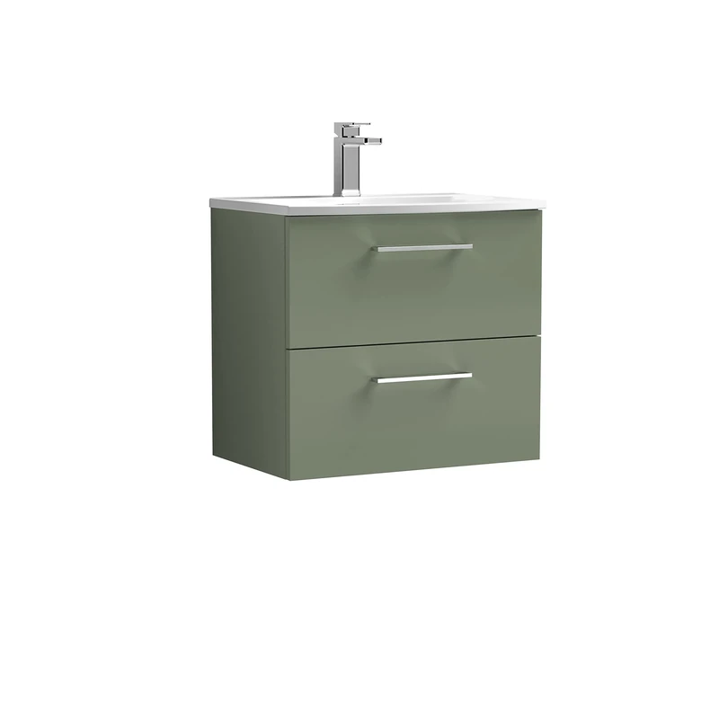 nuie ARN824G Arno Modern Bathroom Wall Hung 2 Drawer Vanity Unit with Curved Ceramic Basin, Satin Green
