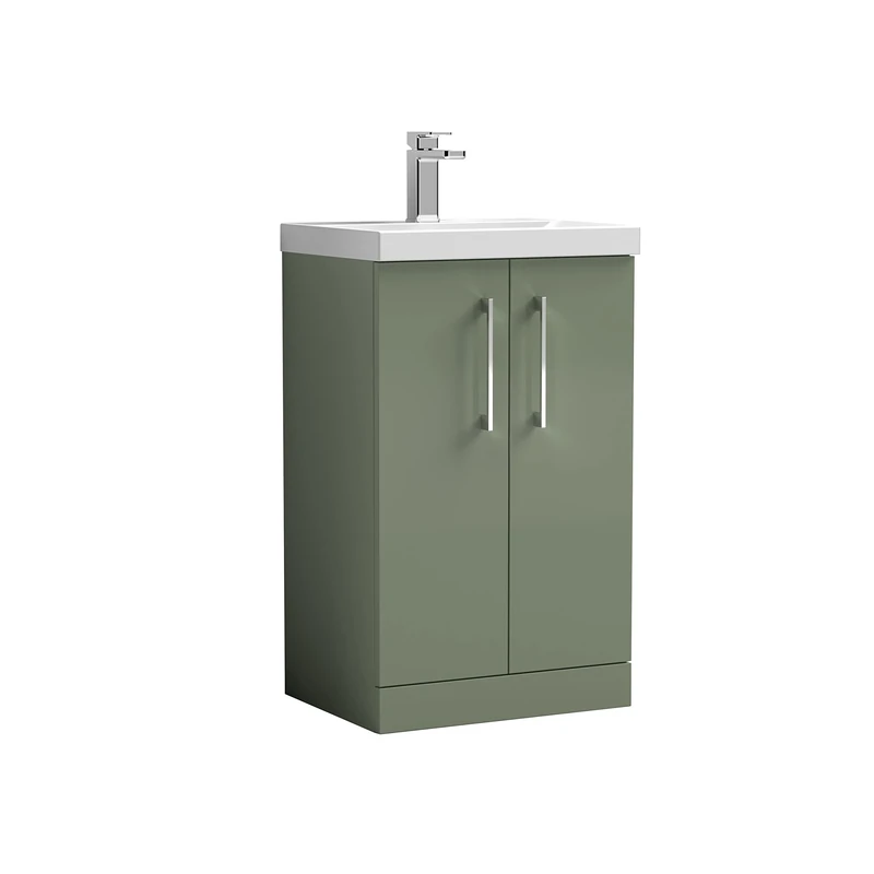 nuie ARN801D Arno Modern Bathroom Floor Standing 2 Door Vanity Unit with Thin-Edge Ceramic Basin, Satin Green
