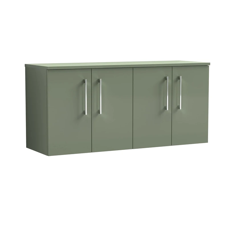 nuie ARN823W2 Arno Modern Bathroom Wall Hung 4 Door Double Vanity Unit with Colour Worktop, Satin Green