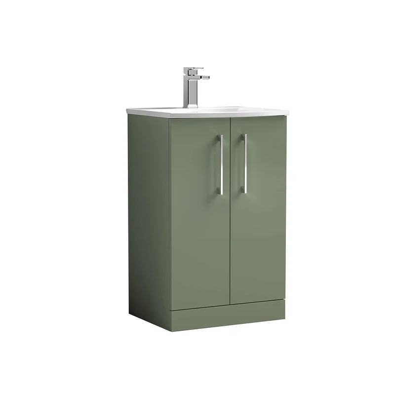 nuie ARN801G Arno Modern Bathroom Floor Standing 2 Door Vanity Unit with Curved Ceramic Basin, Satin Green