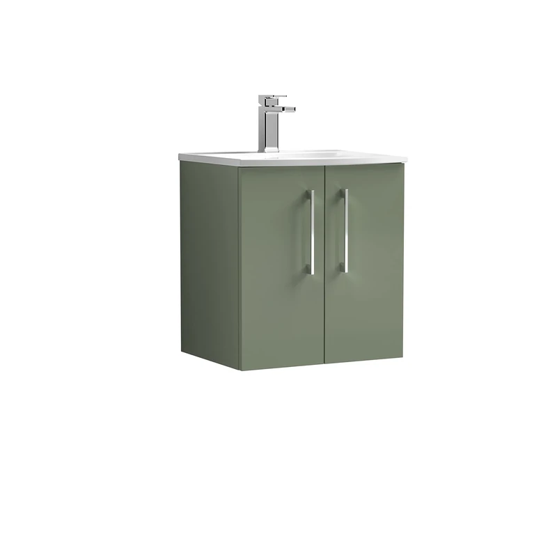 nuie ARN821G Arno Modern Bathroom Wall Hung 2 Door Vanity Unit with Curved Ceramic Basin, Satin Green