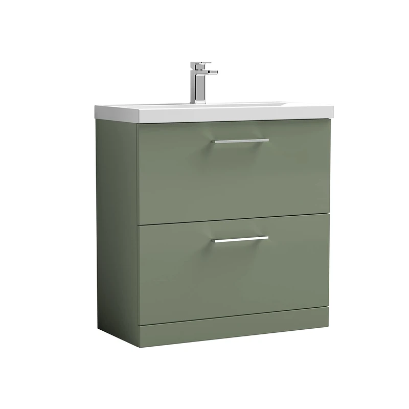 nuie ARN835D Arno Modern Bathroom Floor Standing 2 Drawer Vanity Unit with Thin-Edge Ceramic Basin, 800mm, Satin Green