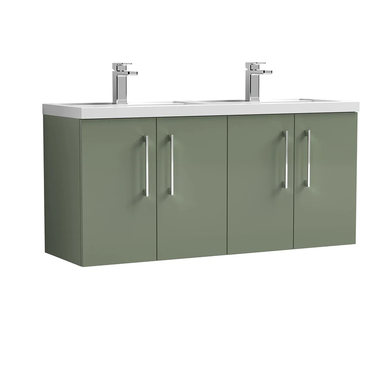 nuie ARN823C Arno Modern Bathroom Wall Hung 4 Door Double Vanity Unit with Twin Polymarble Basin, Satin Green
