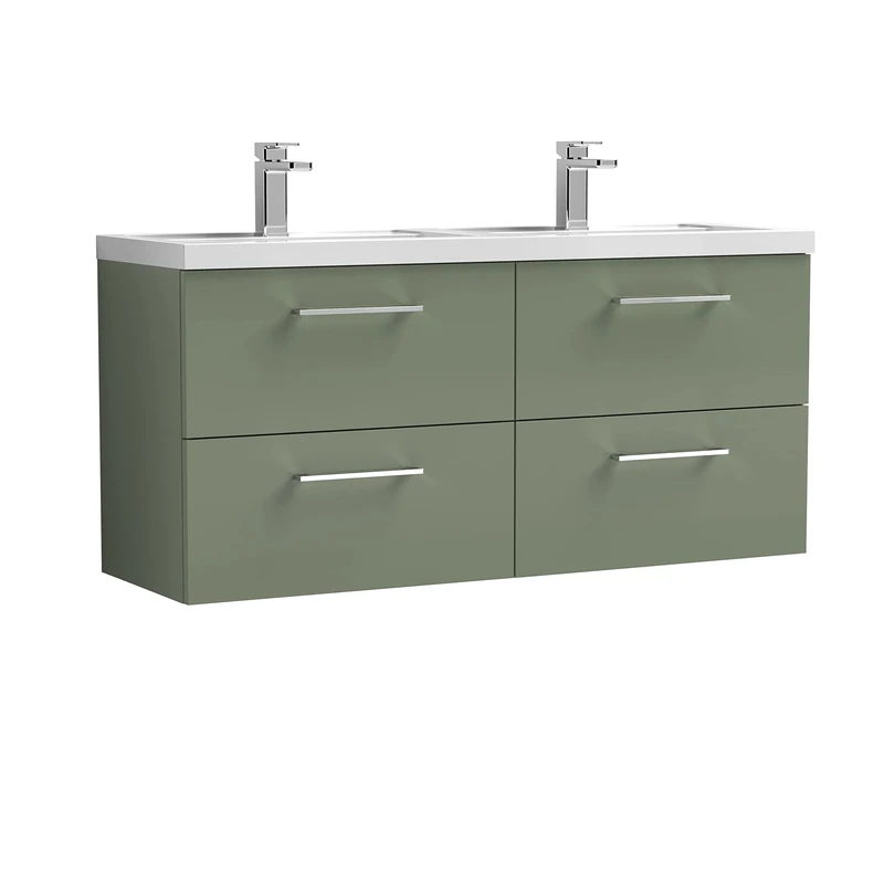 nuie ARN824C Arno Modern Bathroom Wall Hung 4 Drawer Double Vanity Unit with Twin Polymarble Basin, Satin Green