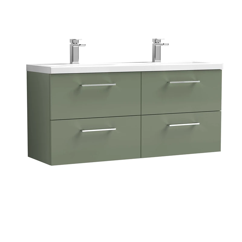 nuie ARN824F Arno Modern Bathroom Wall Hung 4 Drawer Double Vanity Unit with Twin Ceramic Basin, Satin Green
