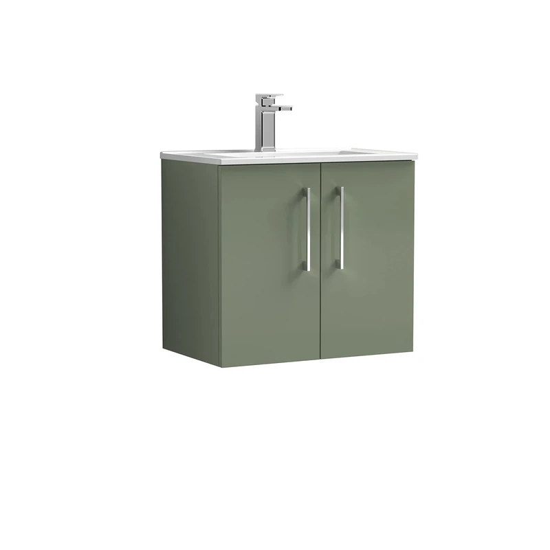 nuie ARN823B Arno Modern Bathroom Wall Hung 2 Door Vanity Unit with Minimalist Ceramic Basin, Satin Green