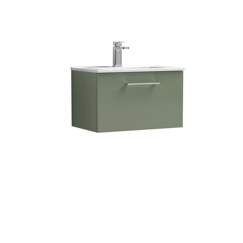 nuie ARN822B Arno Modern Bathroom Wall Hung 1 Drawer Vanity Unit with Minimalist Ceramic Basin, Satin Green