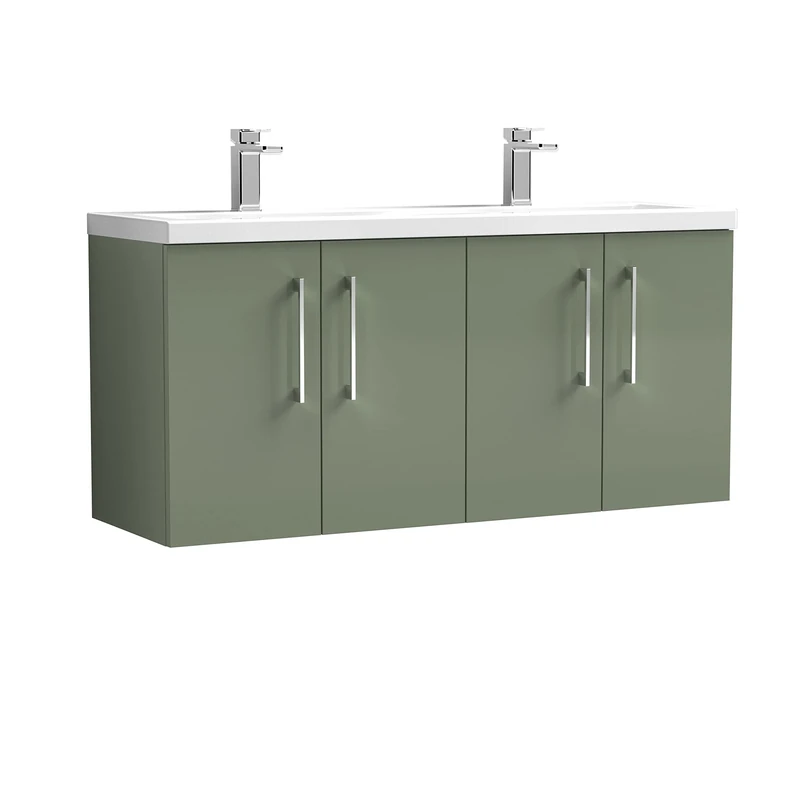 nuie Modern Bathroom Wall Hung 4 Door Double Vanity Unit with Twin Ceramic Basin, Satin Green, 1200mm