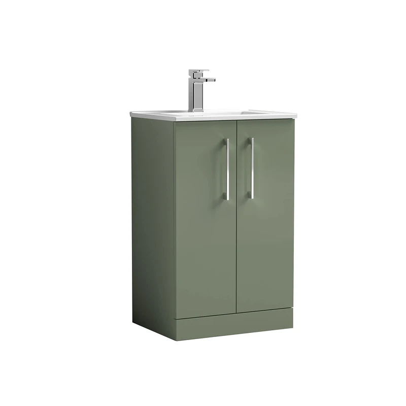nuie ARN801B Arno Modern Bathroom Floor Standing 2 Door Vanity Unit with Minimalist Ceramic Basin, 500mm, Satin Green