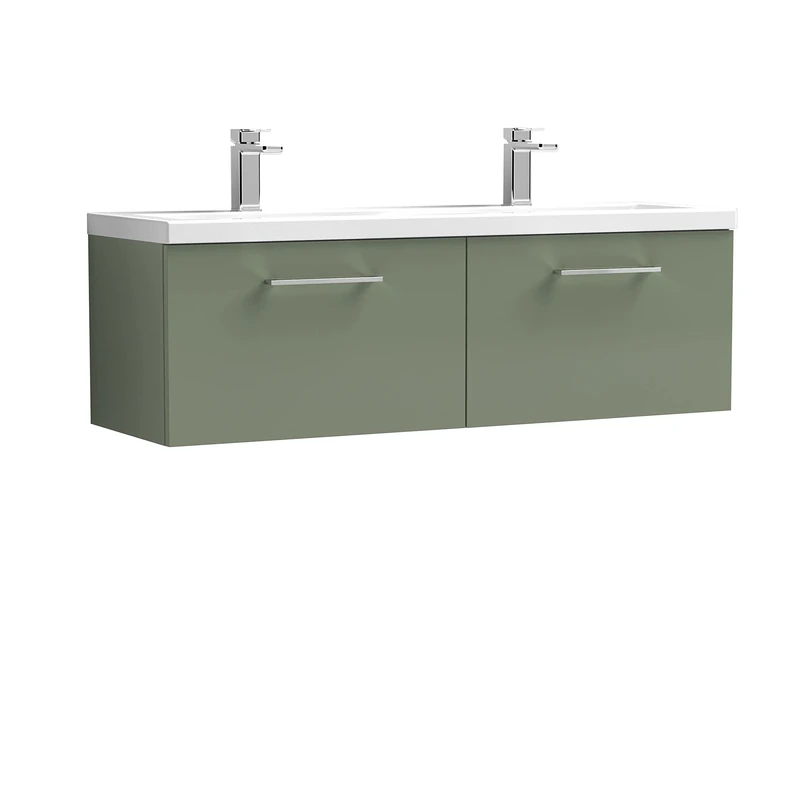 nuie ARN822F Arno Modern Bathroom Wall Hung 2 Drawer Double Vanity Unit with Twin Ceramic Basin, Satin Green