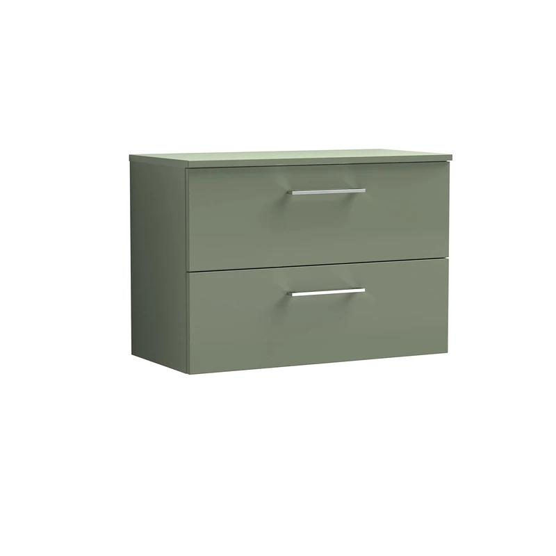 nuie ARN826W Arno Modern Bathroom Wall Hung 2 Drawer Vanity Unit with Colour Worktop, 800mm, Satin Green