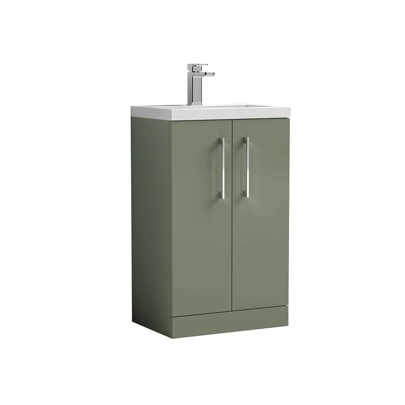 nuie PAL118 Arno Compact Modern Bathroom Floor Standing Slimline 2 Door Vanity Unit and Polymarble Basin, 500mm, Satin Green