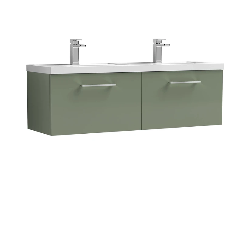 nuie ARN822C Arno Modern Bathroom Wall Hung 2 Drawer Double Vanity Unit with Twin Polymarble Basin, Satin Green
