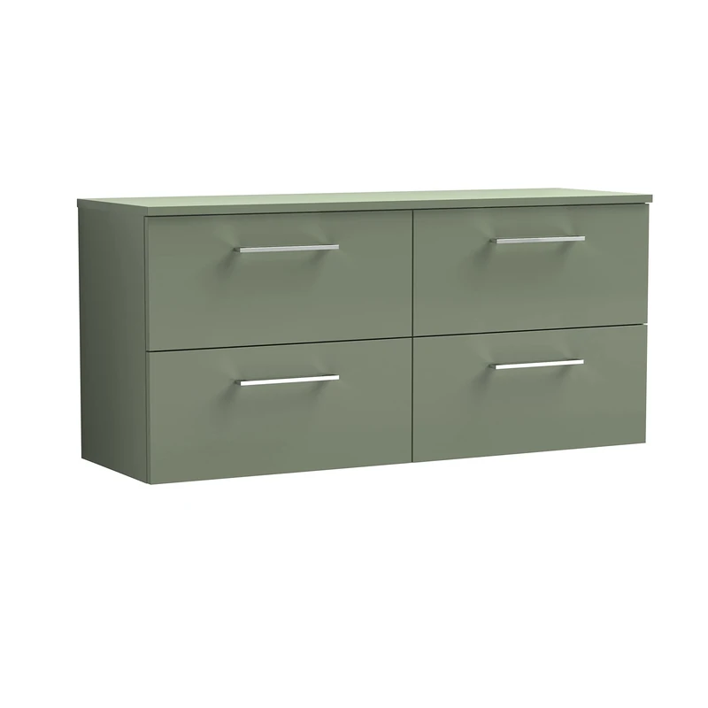 nuie ARN824W2 Arno Modern Bathroom Wall Hung 4 Drawer Double Vanity Unit with Colour Worktop, 1200mm, Satin Green