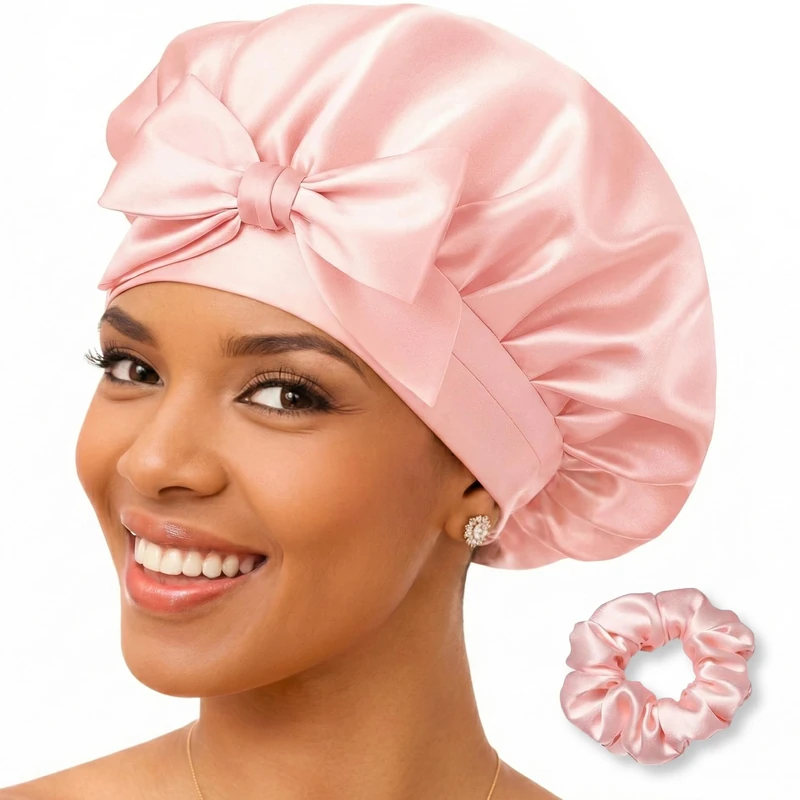 GOLDEN STAR BEAUTY Silk Bonnet Sleeping Cap for Women, Made of Real 100% Mulberry Silk, Soft and Easy to Use, Breathable & Adjustable Sleep Caps, Fine Hair Wrap - Night Head Cap for Curly Hair (Pink) - Image 1