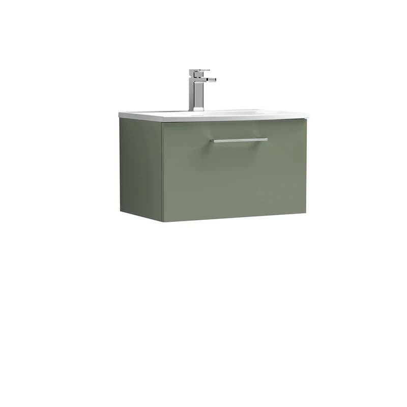 nuie ARN822G Arno Modern Bathroom Wall Hung 1 Drawer Vanity Unit with Curved Ceramic Basin, Satin Green