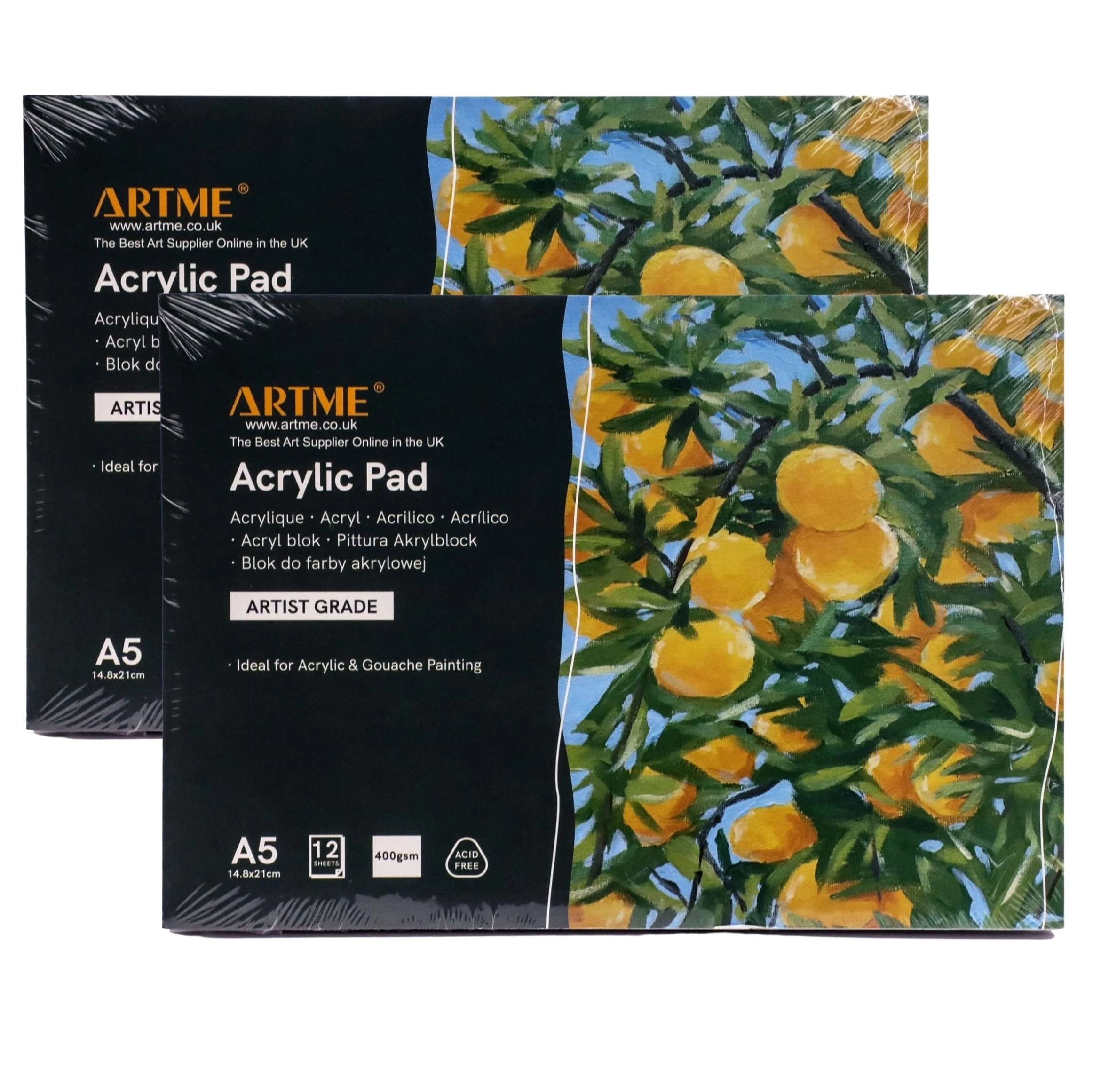 ARTME A5 Acrylic Pad (2 Pack) x 12 Sheets/ 400gsm Extra Heavyweight/Cold Pressed/Acid Free - Premium Quality Drawing Pad Sketchbook Acrylic and Gouache Painting