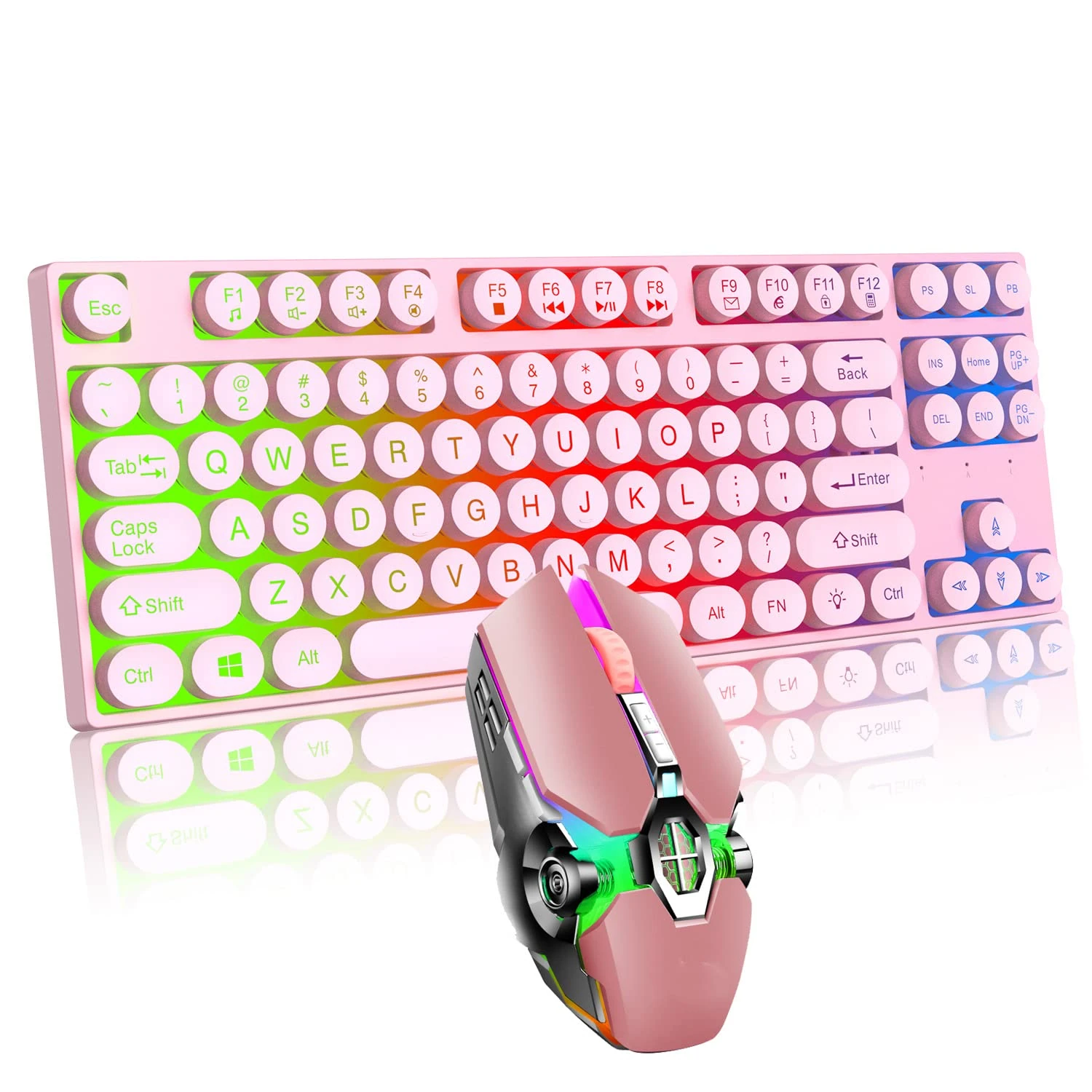Yrhrol Mechanical Feel Gaming Keyboard and Mouse Combo, 87 Key Retro Punk Typewriter-Style,Rainbow Backlit Keyboard,Cool Breathing Light Lightweight Gaming Mouse for Game and Office (Pink)