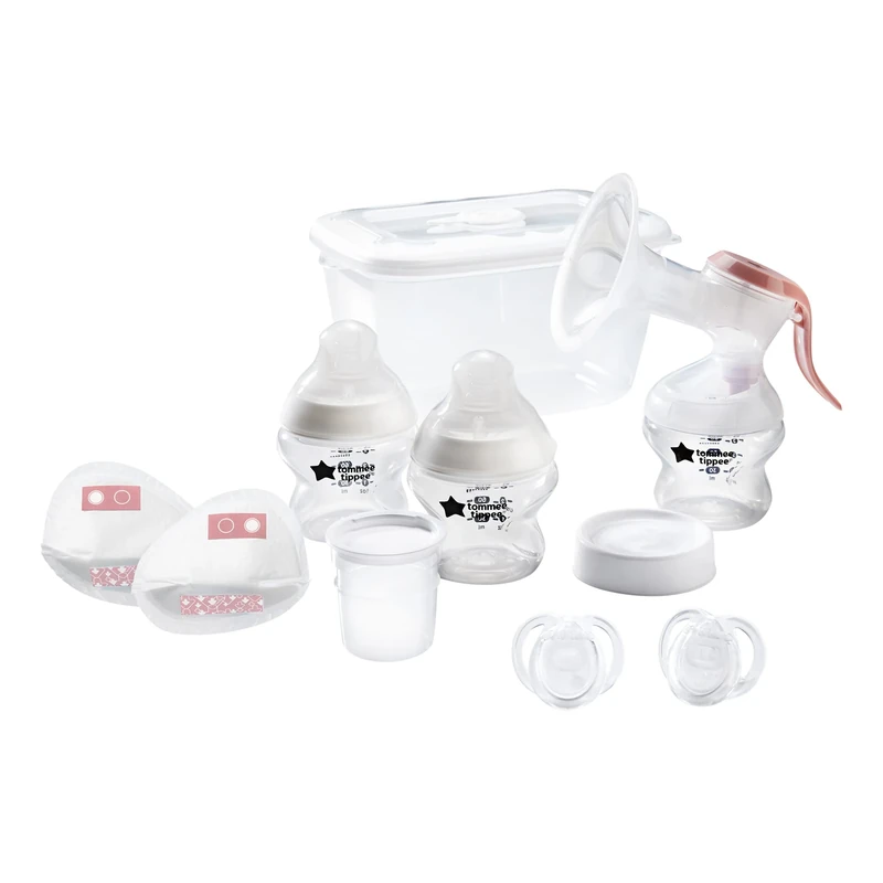 Tommee Tippee Breastfeeding Starter Kit, Manual Breast Pump, 150ml Baby Bottles, Newborn Soothers, Milk Storage Lids, Breast Pads, Microwave Steriliser Box Pod, Breastmilk Storage Pot