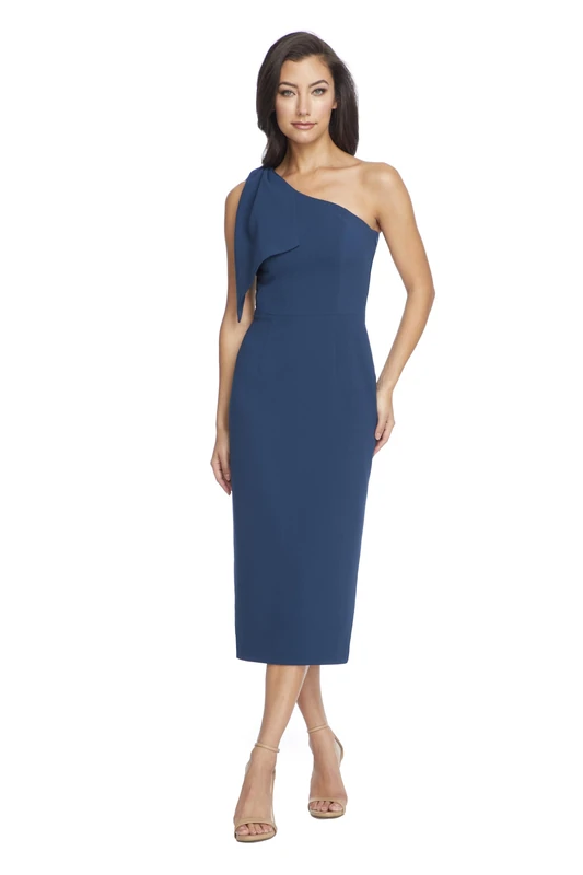 Dress the Population Women's Tiffany Asymmetrical Bow Neckline Bodycon Midi Dress, Peacock Blue, M