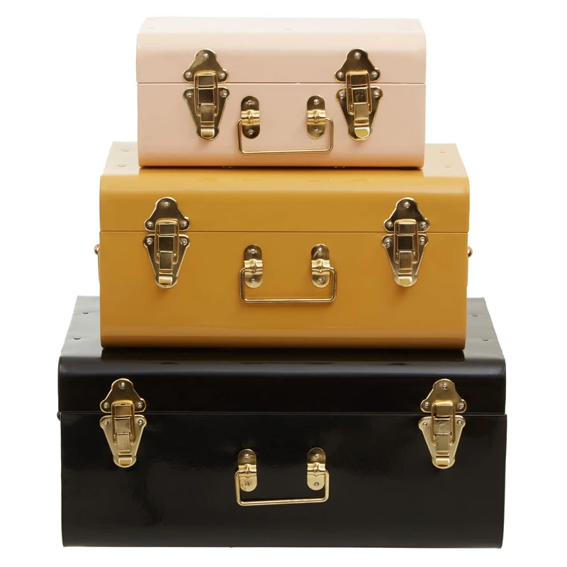 Premier Housewares Parley Set Of Three Assorted Almond, Apricot And Black Storage Trunks/Treasure Chest For Storage