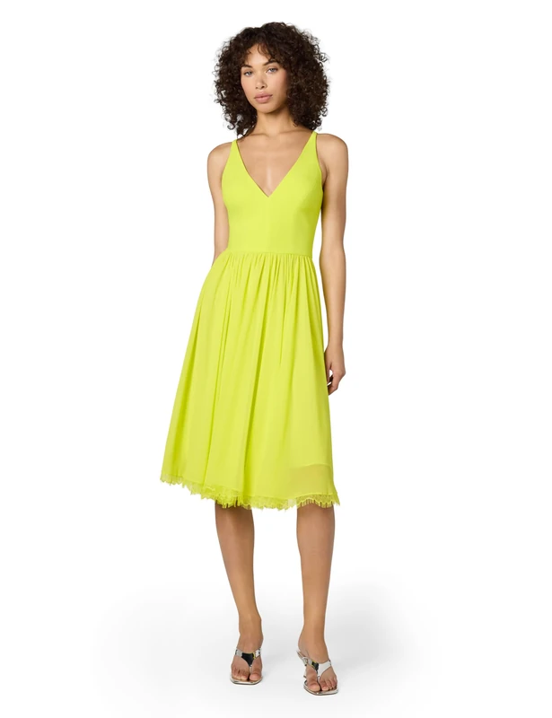 Dress the Population Women's Alicia Plunging Mix Media Sleeveless Fit & Flare Midi Dress, Lemongrass, Medium - Image 1