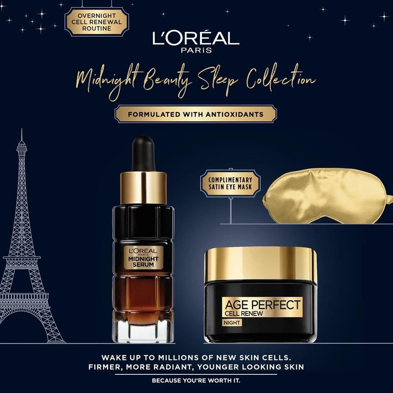 L’Oréal Paris Gift Set, Includes Night Serum and Cream, Cell Renew Overnight Radiance Routine Giftset For Radiance and Skin Cell Renewal, Midnight Beauty Sleep Collection
