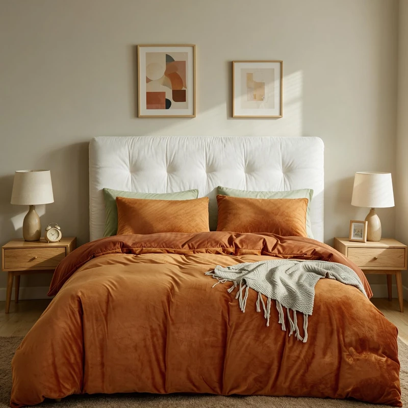 CLOTHKNOW Burnt Orange Velvet Bedding Set - Full Size, 3 Pieces (1 Comforter + 2 Pillowcases)