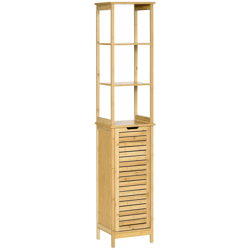kleankin Bathroom Floor Cabinet with 3 Shelves, Slim Storage Cupboard and Freestanding Organiser, Natural, Light Brown, 34cmx30cmx173cm (834-408)