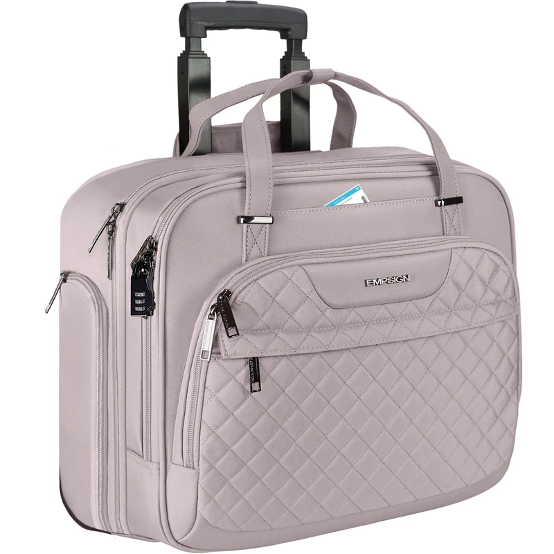 EMPSIGN Rolling Laptop Bag for Women - Wheeled Briefcase Fits Up to 15.6 Inch Laptop, Water-Repellent Overnight Computer Bag with RFID Pockets, Dusty Pink