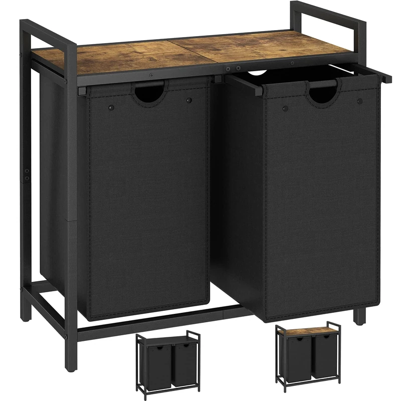 LAATOOREE Two-Tone Laundry Hamper, 2 x 48L Baskets with 2 Removable Laundry Bags and Top Shelf, Clothes Basket for Laundry Room, Bathroom