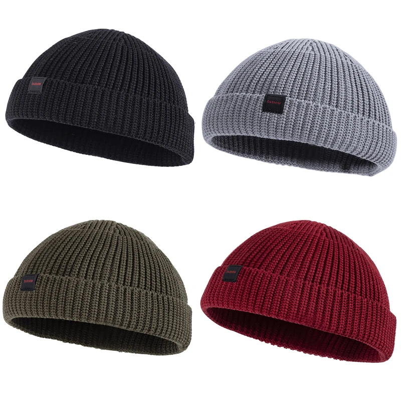 DASMINI Fisherman Beanie for Men Women Knit Trawler Rollup Edge Skull Watch Cap Winter Warm, 4pcs: Black+Winery+Grey+Olive (M), Medium