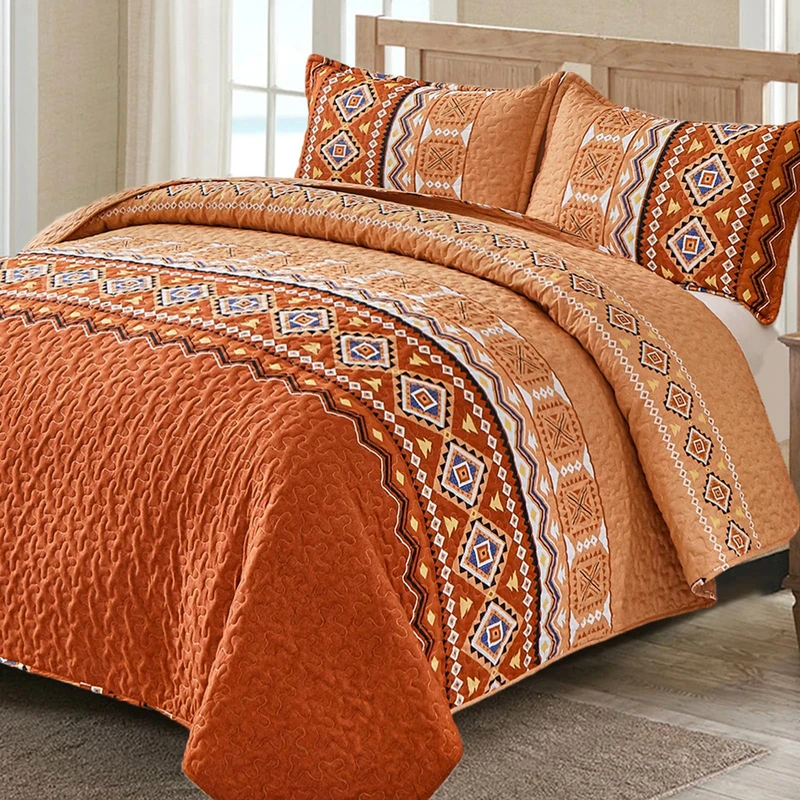 Boho Quilt Set Queen Size 3 PCS Burnt Orange Quilt Bedspread,Lightweight Geometry Printed Coverlet Set with 2 Pillowcase,Soft Bohemian Bedding Set Queen 90"×96"